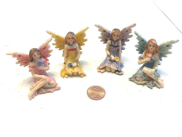 Set of 4 Sitting Shimmery Fairies Holding a Flower, Fairy Cake Topper, Gift for Fairy Collector