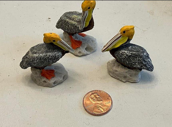 Miniature Grey and Orange Pelicans, Pelican Figurines for Gardens and Dioramas
