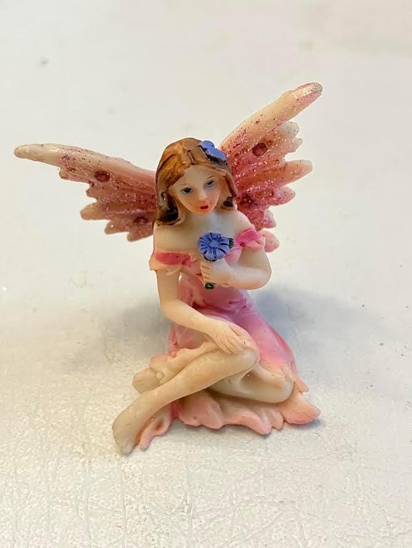 Set of 4 Sitting Shimmery Fairies Holding a Flower, Fairy Cake Topper, Gift for Fairy Collector