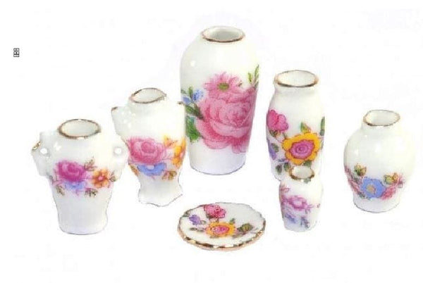 7 Piece Dollhouse Vase Set With Pink Flower Design