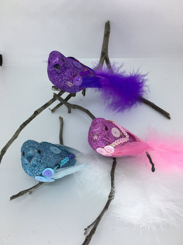 Set of 3 Glittery Pink, Purple and Blue Birds
