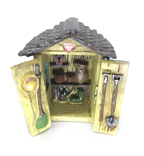 Yellow Fairy Garden Shed, 3" Shed with Garden Tools, Mini Fairy Garden Shed, Terrarium Accessory