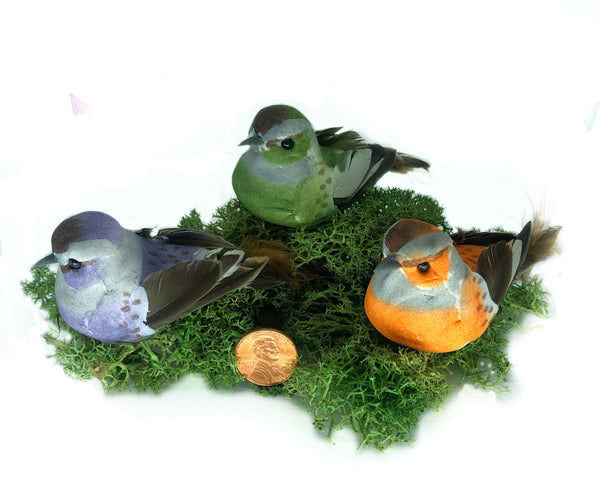 Green, Orange and Purple Birds,   Set of 3 Fairy Garden Birds for Nests,  Plants and Trees