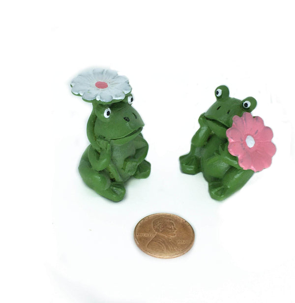 Miniature Green Frog Figurines, Green Frogs with Flower Umbrella, Spring Frogs