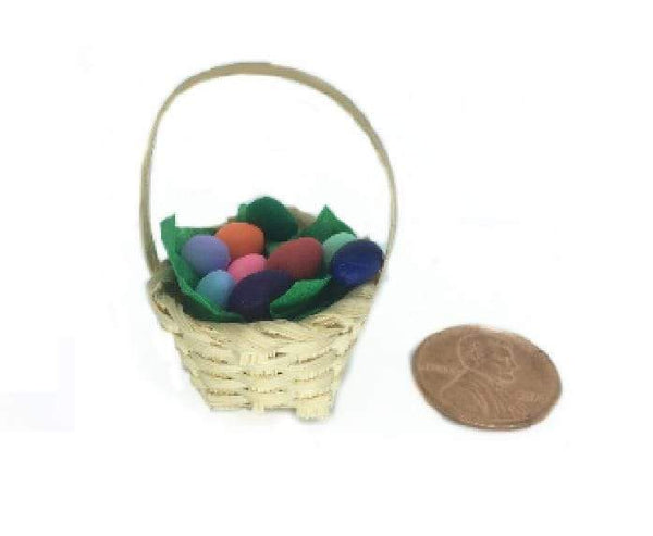 Miniature Woven Basket With or Without Colored Eggs, Dollhouse Easter Basket, Spring Basket