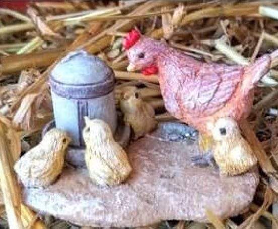 Miniature Hen and Chicks, Farmhouse Chickens, Mama Hen Feeding Her Chicks Figurine