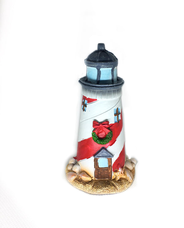 Christmas Theme Lighthouse, 4.2" Holiday Beach Lighthouse,  Red and White Striped Lighthouse