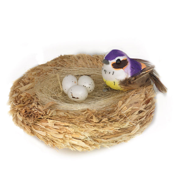 Choice of Yellow, Brown or Purple Bird with Eggs in a Nest, Artificial Spring Bird Nest Kit