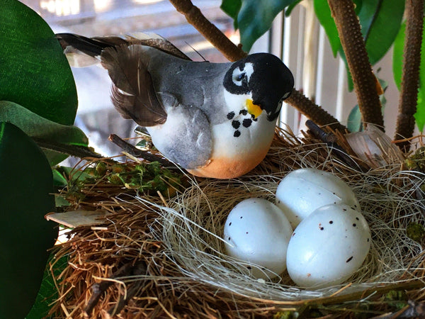 Orange and Gray Bird with Nest and Eggs, Two-Toned Nest with Clip on Bird, Spring Nest