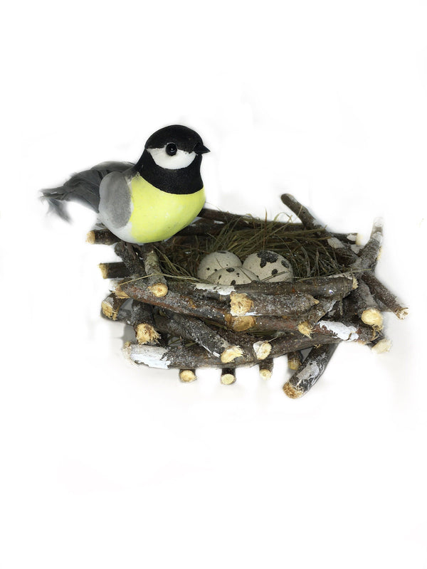 Yellow and Gray Bird with Nest and Spotted Eggs,  Stick Nest with a Clip-on Bird