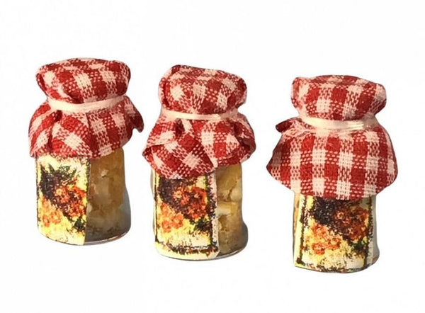 Miniature Honey Jars, Set of 3 Dollhouse Kitchen Jars, Red Check Covered Jars