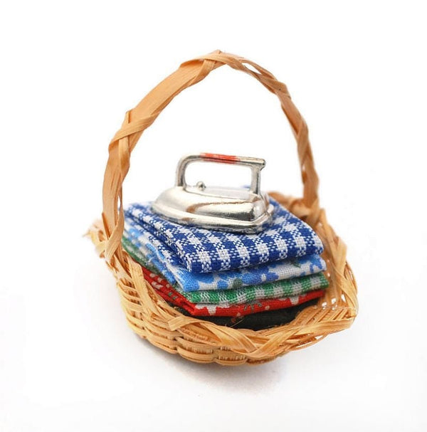 Choice of Miniature Fabric Baskets, Dollhouse Baskets with Cloth or Ironing Basket