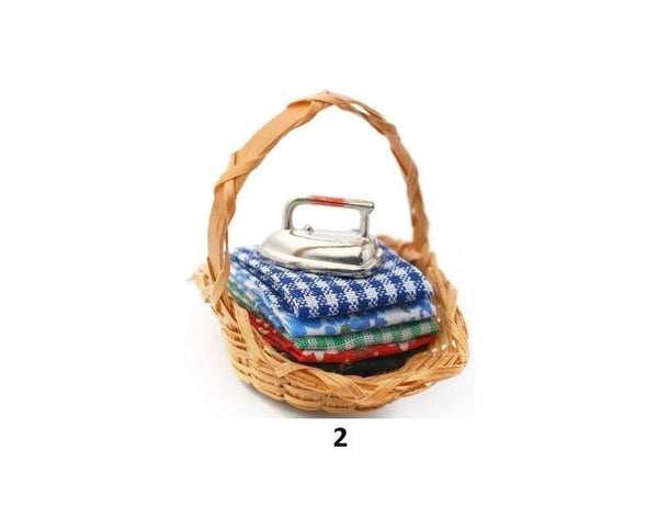Choice of Miniature Fabric Baskets, Dollhouse Baskets with Cloth or Ironing Basket