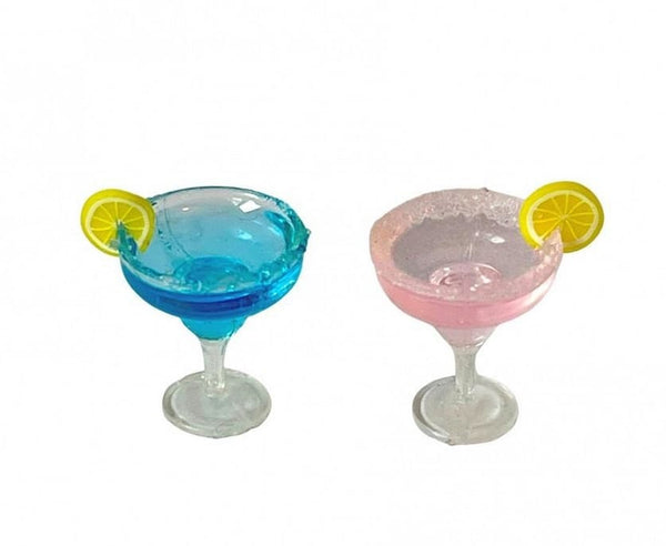 Miniature Cocktail Glasses, Pair of Dollhouse Bar Drinks, Pink and Blue Party Drinks