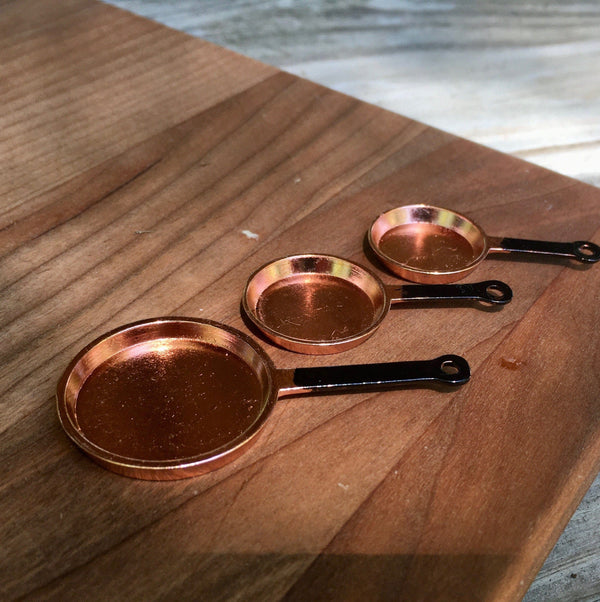 Dollhouse Copper Frying Pans, Set of 3 Miniature Frying Pans, Dollhouse Kitchen