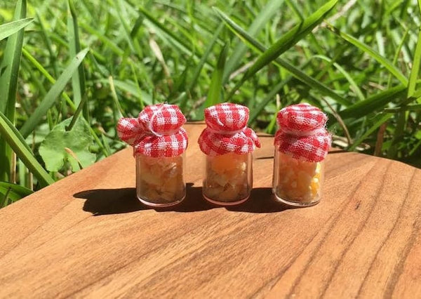 Miniature Honey Jars, Set of 3 Dollhouse Kitchen Jars, Red Check Covered Jars