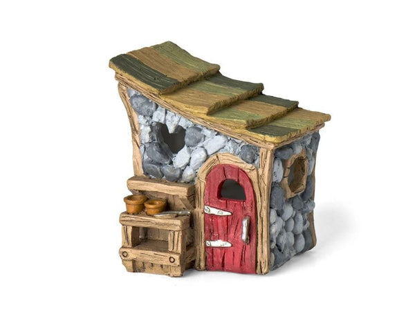 Miniature Fairy Garden Shed with Red Door,  Mossy Roof Fairy Shed, Miniature Potting Shed