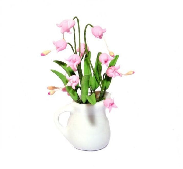 Miniature Artificial Pink Orchids in a White Vase, Dollhouse Flowers