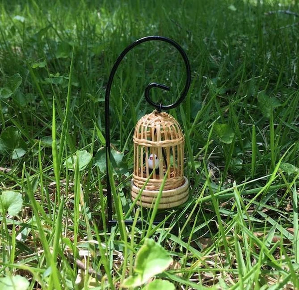 Miniature Bamboo Bird Cage with Bird, Dollhouse Birdcage, Fairy Garden Bird