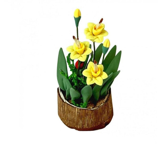 Artificial Miniature Daffodils in a Brown Pot,  Yellow Dollhouse Flowers, Fairy Garden Flower Pot