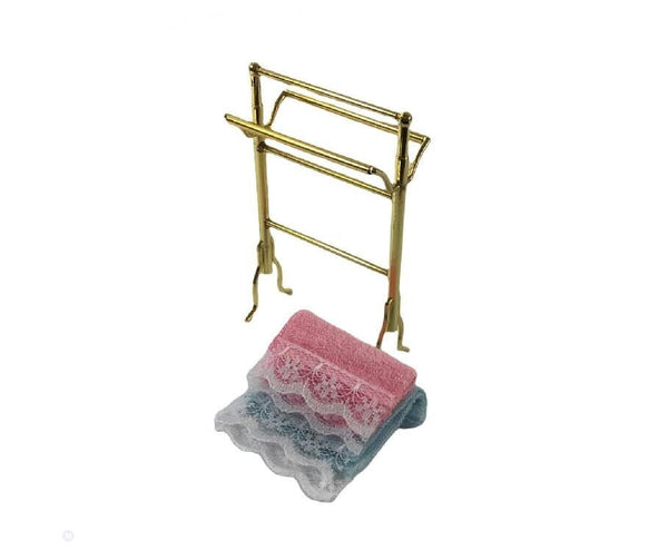 Miniature Towel Rack, Dollhouse Pink and Blue Towels,  Bathroom Supply