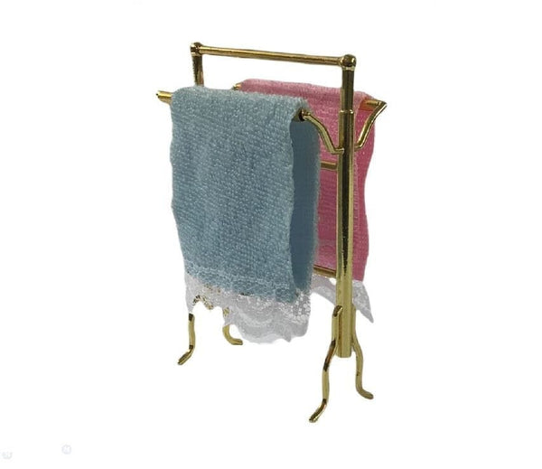 Miniature Towel Rack, Dollhouse Pink and Blue Towels,  Bathroom Supply