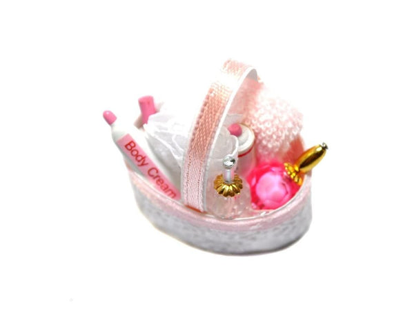 Miniature Pink Bath Accessory Basket, Oval Dollhouse Basket with Bath Supplies, Dollhouse Bath Supply