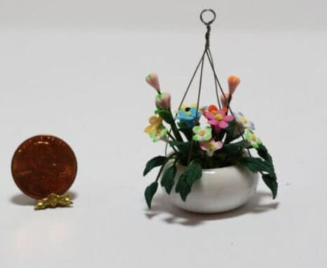 Artificial Miniature Spring Flower Hanging Basket, Pink Floral Arrangement, Dollhouse Flowers