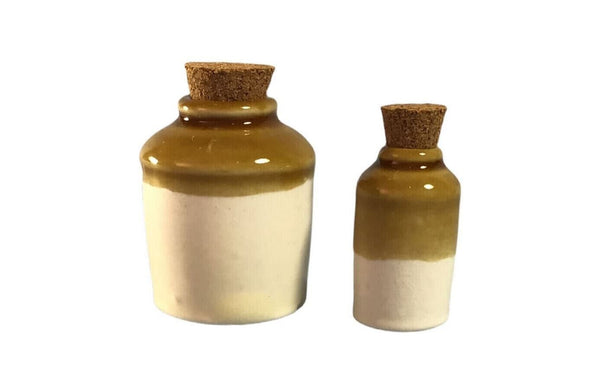 Pair of Miniature Glazed Stoneware Jars, Dollhouse Clay Pottery Jug, Fairy Garden Accessory