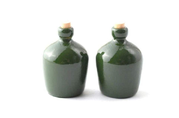 Pair of Green Dollhouse Stoneware Carboy Bottles, Miniature Pottery Jars with Cork